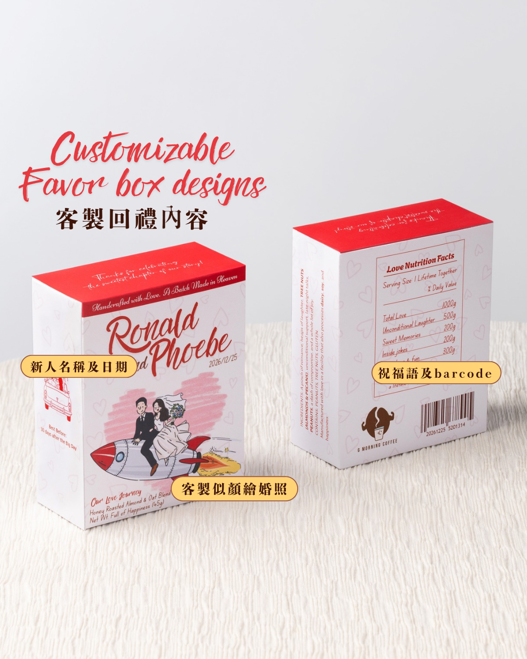 客製燕麥脆婚禮回禮 - Mini Granola box (45g) | 可印人名、日期及專屬插畫